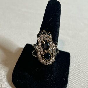 Elegant Black and Silver Hamsa Ring